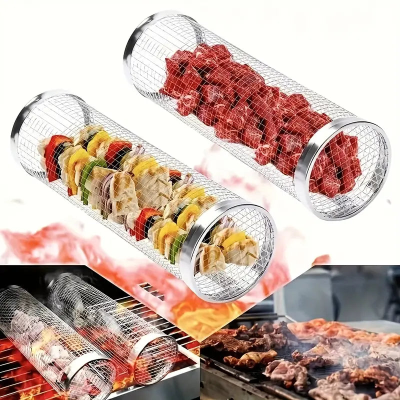 3pcs (Grill Cage + Grill Fork + Hook) Boxed Stainless Steel BBQ Grill Set