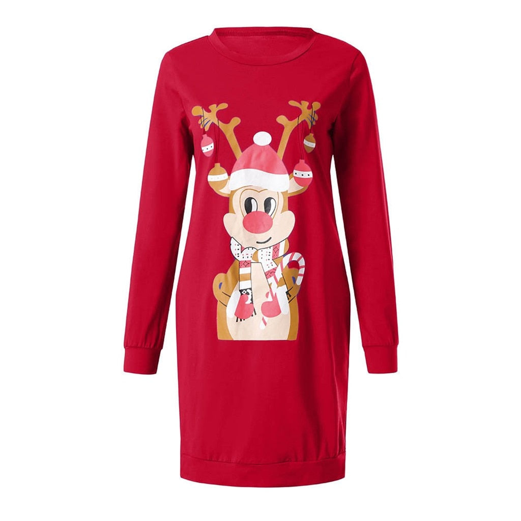 Women Christmas Print Monkey Character Long Sleeve Dress Shop kitchen home