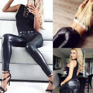 Women PU Leather Trousers Stretchy Push Up Pencil Pants Skinny Tight