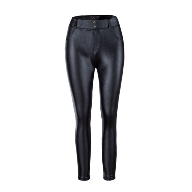 Women PU Leather Trousers Stretchy Push Up Pencil Pants Skinny Tight